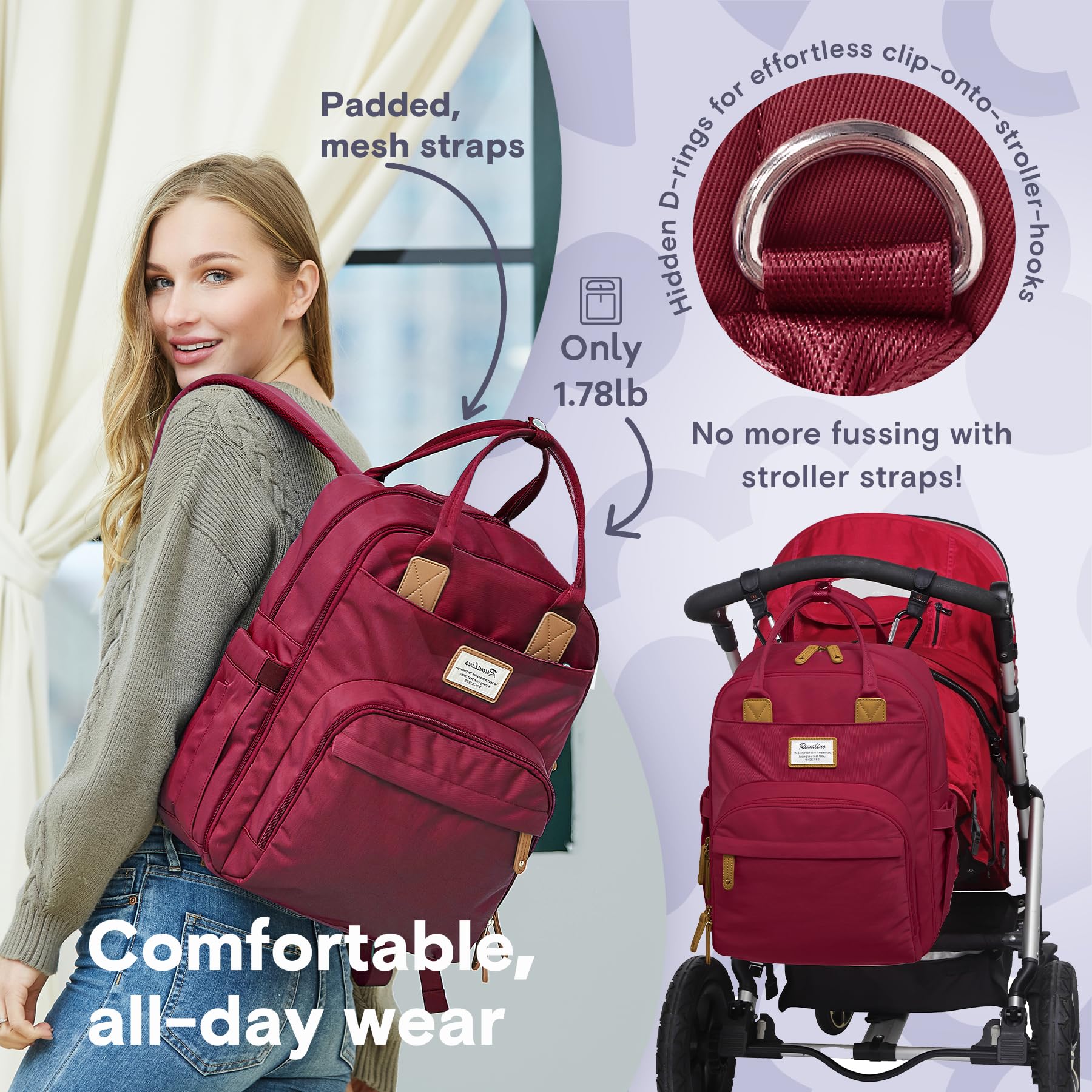 RUVALINO Diaper Bag Backpack, Multifunction Travel Pack Maternity Baby Changing Bags, Large Capacity, Waterproof, Beige