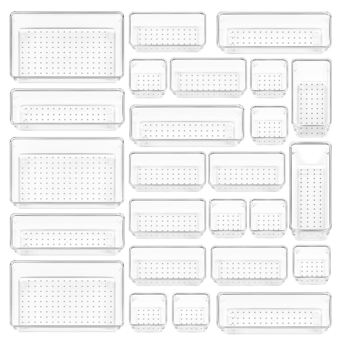 Vtopmart 25 PCS Clear Plastic Drawer Organizers Set, 4-Size Versatile Bathroom and Vanity Drawer Organizer Trays, Storage Bins for Makeup, Bedroom, Kitchen Gadgets Utensils and Office