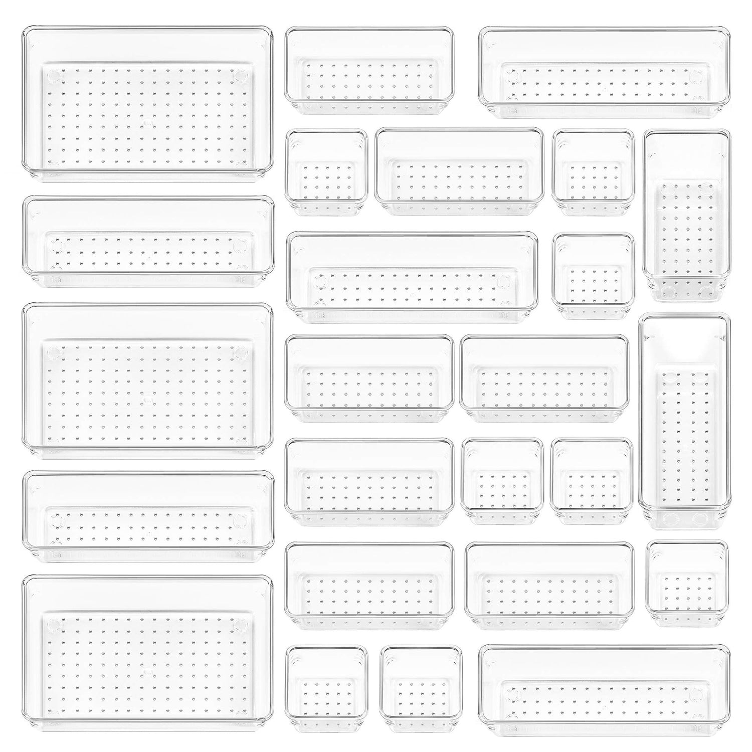 Vtopmart 25 PCS Clear Plastic Drawer Organizers Set, 4-Size Versatile Bathroom and Vanity Drawer Organizer Trays, Storage Bins for Makeup, Bedroom, Kitchen Gadgets Utensils and Office