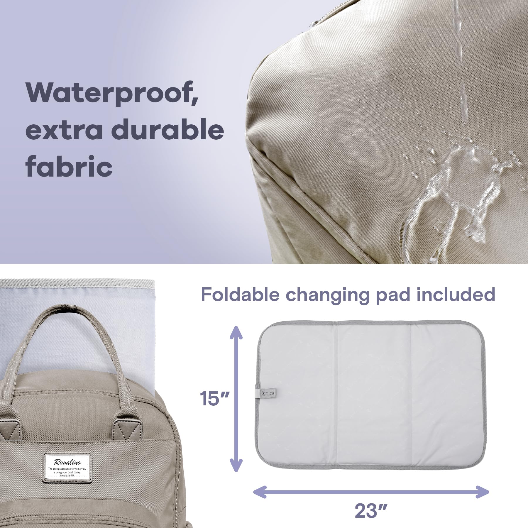 RUVALINO Diaper Bag Backpack, Multifunction Travel Pack Maternity Baby Changing Bags, Large Capacity, Waterproof, Beige