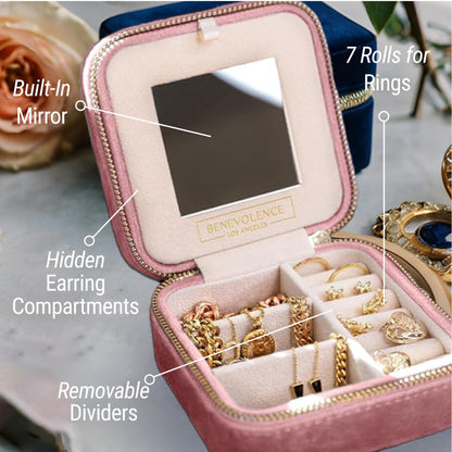 Benevolence LA Plush Velvet Travel Jewelry Storage Box | Travel Jewelry Case Small Jewelry Box for Women | Jewelry Travel Organizer | Earring Organizer with Mirror - Dusty Pink