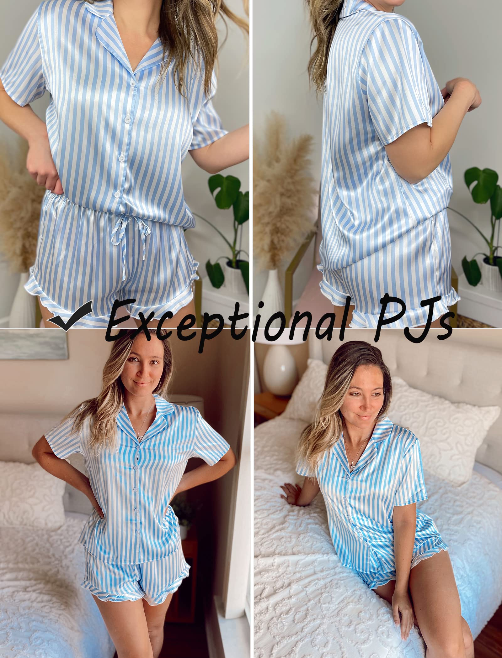 HOTOUCH Womens Satin Pajamas Set Button Down 2 Piece Silk Pjs Shorts Set Ruffle Lingerie Notch Collar Sleepwear