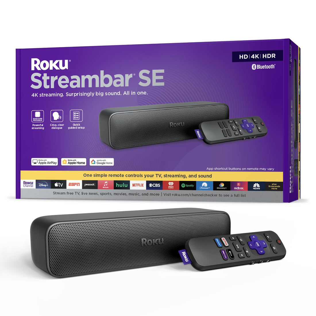 Roku Streambar SE | 2-in-1 TV Soundbar with Built-in 4K/HD/HDR Streaming, Premium Speakers, &amp; Enhanced Speech Clarity for Crisp, Clear Dialogue - Quick Guided Simple Setup