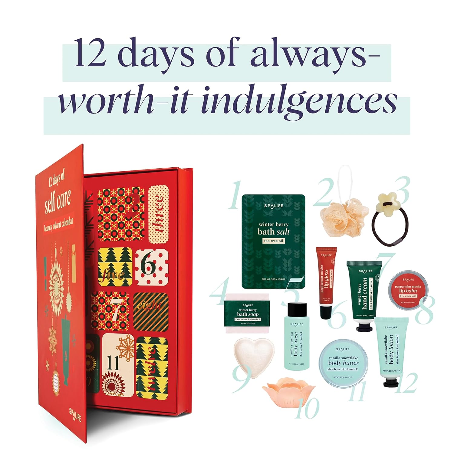 SpaLife Holiday 12-Day Beauty Advent Calendar – Travel-Friendly Skincare – Gift Set – 12 Days of Self-Care Spa Set – Body Care Skin Care – SpaLife Holiday Stocking Stuffer