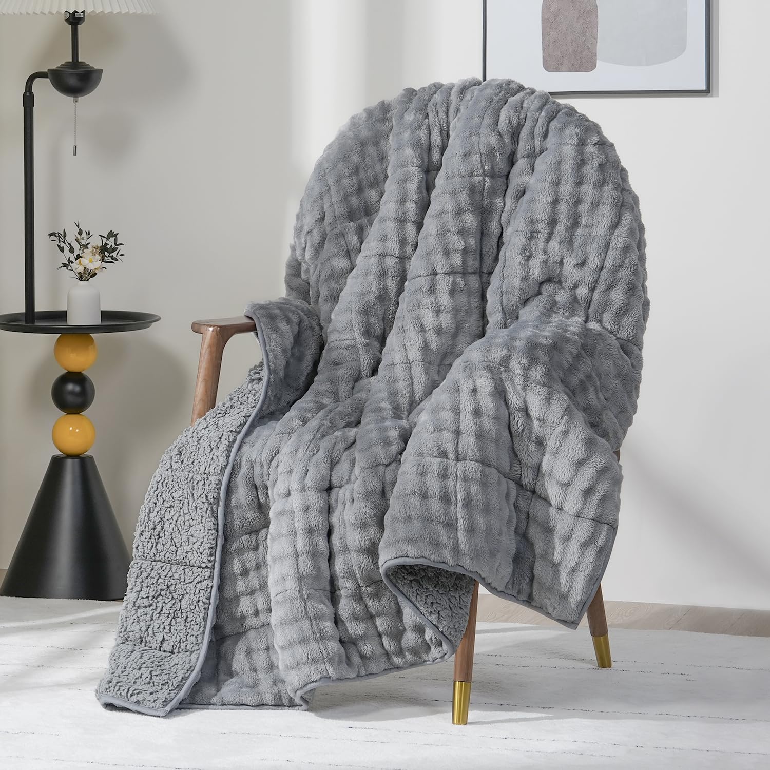 Cottonblue Weighted Blanket 15lbs Bubble Faux Fur Plush Sherpa Weighted Blankets for Adults, Fits Queen Size Bed, Cute Fuzzy Warm Heavy Blanket for Calm and Better Sleep, 60&quot;x80&quot;, Cream White