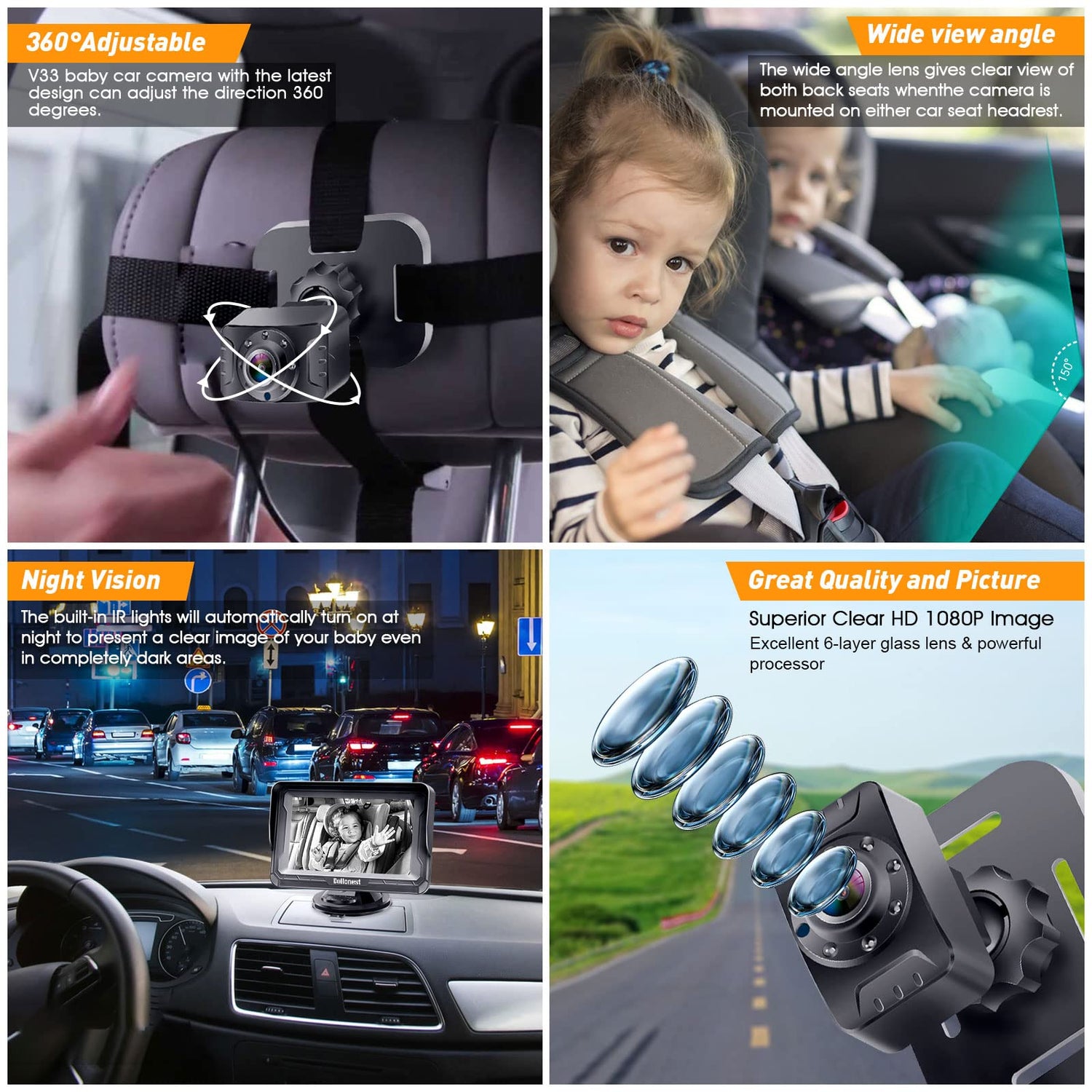 DoHonest Baby Car Camera 7-Inch: USB Plug and Play Easy Setup 360 Degree Rotating Backseat Camera Two Kids HD 1080P Rear Facing Car Seat Camera Clear Night Vision -V9 Black