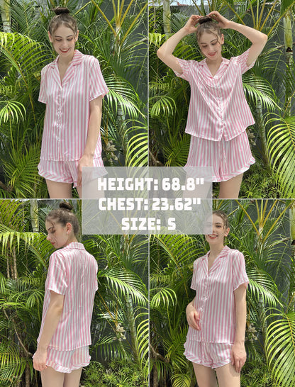 HOTOUCH Womens Satin Pajamas Set Button Down 2 Piece Silk Pjs Shorts Set Ruffle Lingerie Notch Collar Sleepwear