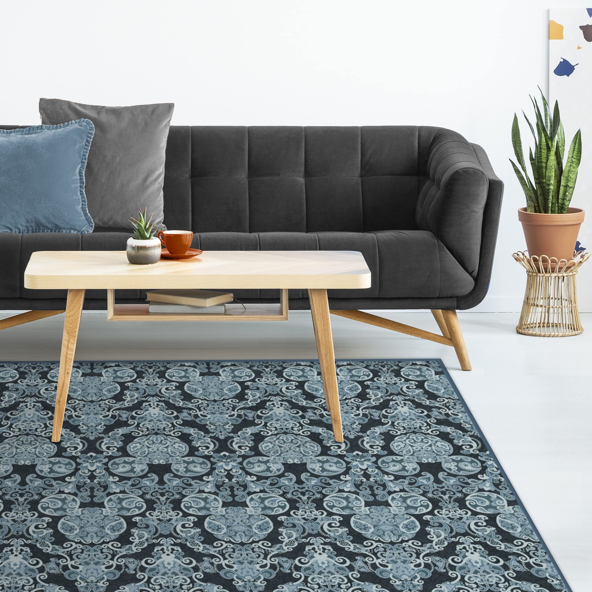 RUGGABLE Disney Traditional Mickey Mouse Washable Rug - Perfect Area Rug for Nursery Playroom Kids Room - Pet &amp; Child Friendly - Stain &amp; Water Resistant - Damask Grey 3&