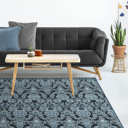RUGGABLE Disney Traditional Mickey Mouse Washable Rug - Perfect Area Rug for Nursery Playroom Kids Room - Pet &amp; Child Friendly - Stain &amp; Water Resistant - Damask Grey 3&
