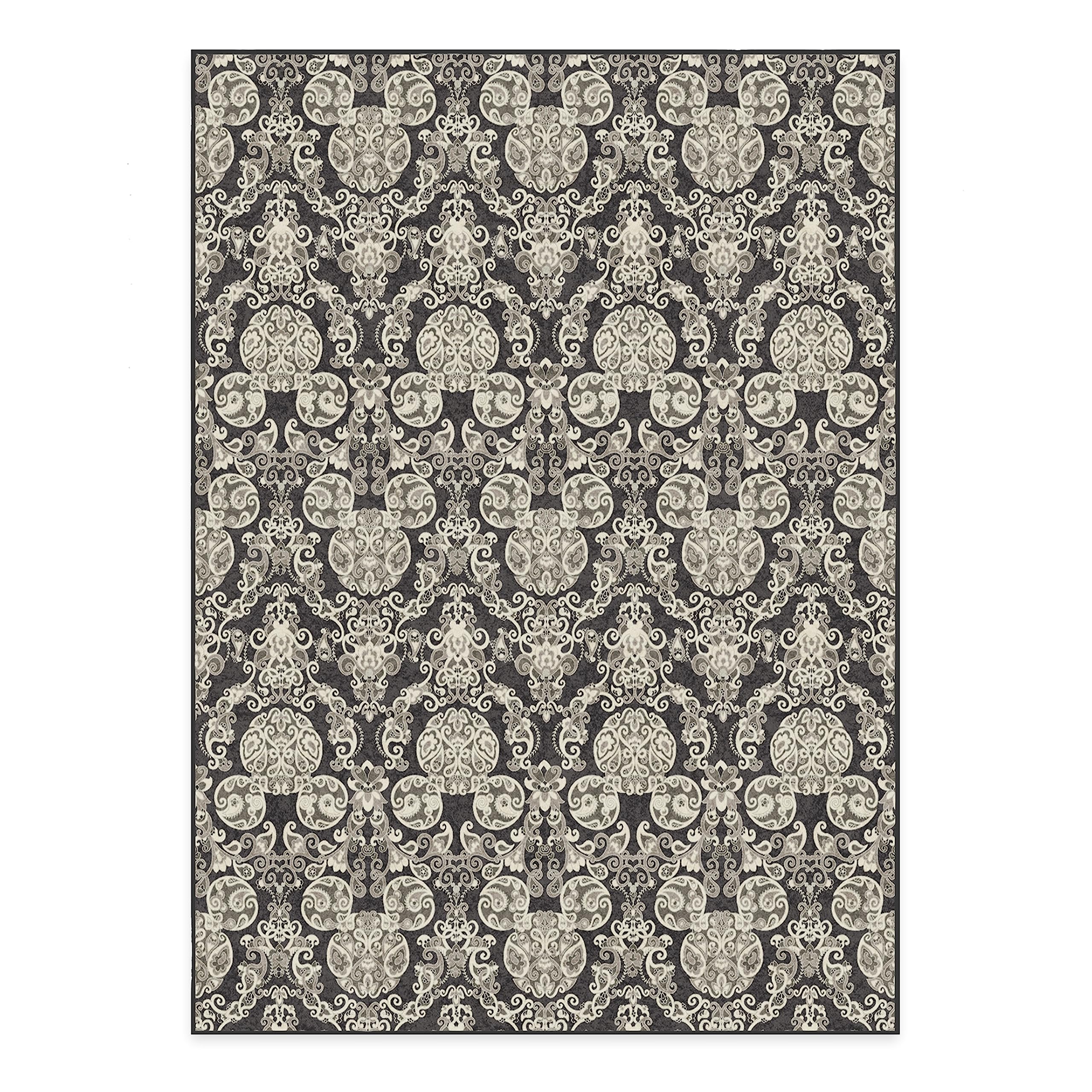 RUGGABLE Disney Traditional Mickey Mouse Washable Rug - Perfect Area Rug for Nursery Playroom Kids Room - Pet &amp; Child Friendly - Stain &amp; Water Resistant - Damask Grey 3&