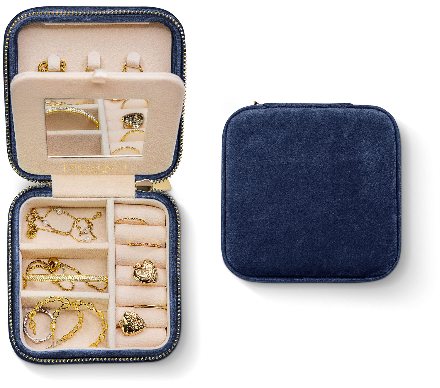 Benevolence LA Plush Velvet Travel Jewelry Storage Box | Travel Jewelry Case Small Jewelry Box for Women | Jewelry Travel Organizer | Earring Organizer with Mirror - Dusty Pink