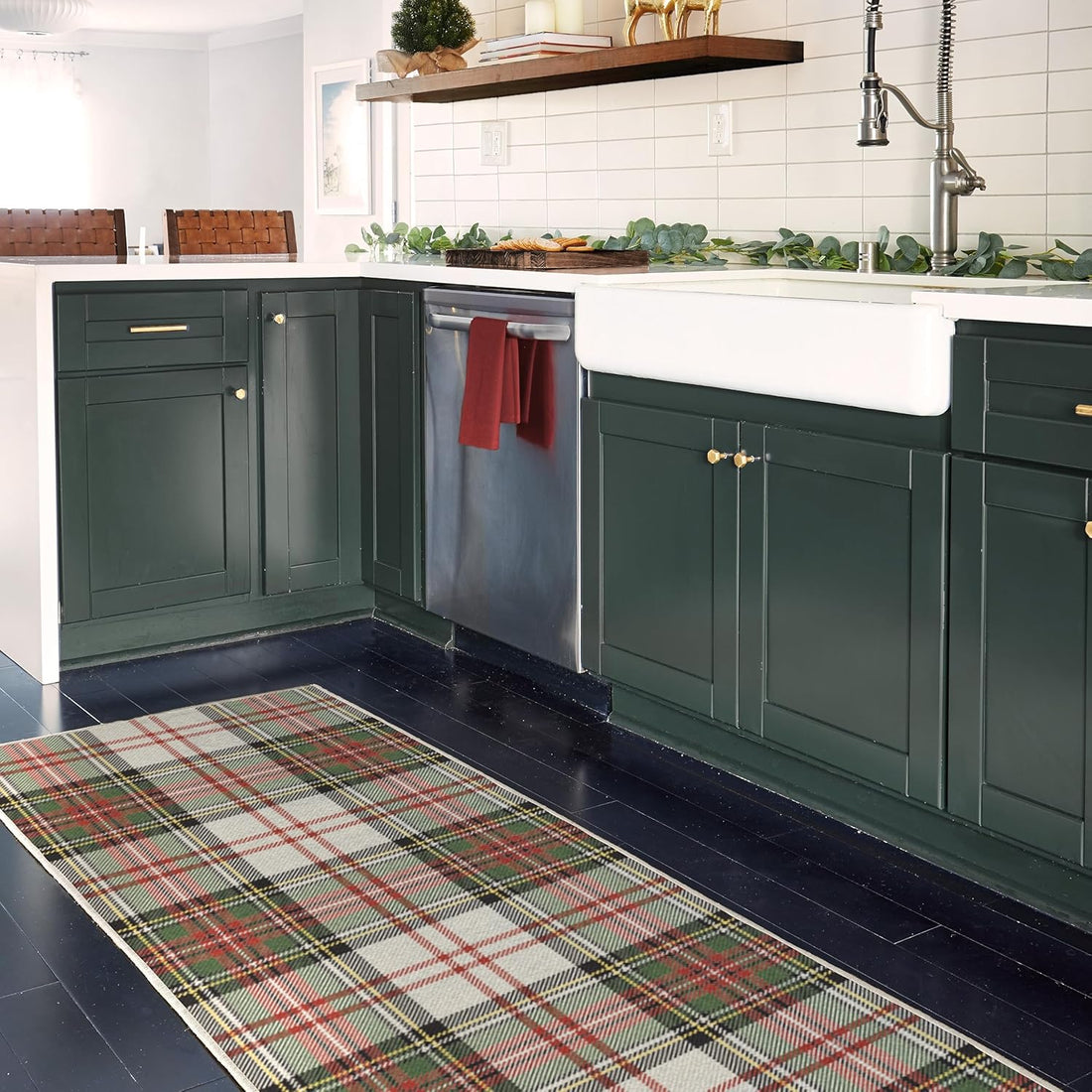 RUGGABLE Winter Plaid Runner Rug - Perfect Holiday Washable Rug for Entryway Hallway Kitchen - Pet &amp; Child Friendly - Stain &amp; Water Resistant - Dress Stewart Tartan White 2.5&