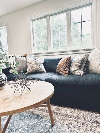 Pillow Cover 100% Linen 20 x 20 inches Double Sided Block Print with Zipper for Easy Removal Home Decor Shabby Chic Farmhouse Neutral Decorative Sofa Couch Accent (Plaid White Grey)