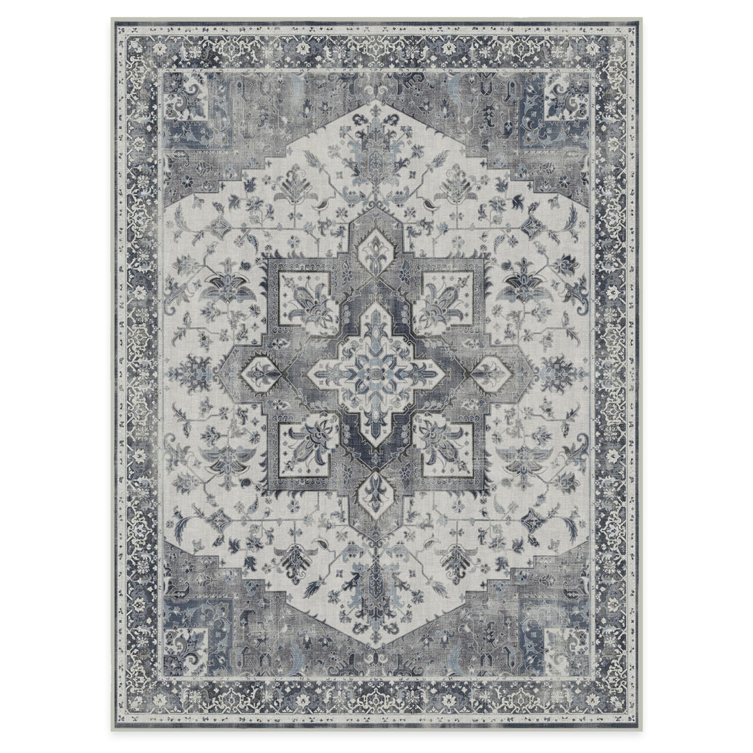 RUGGABLE Kira Runner Rug - Perfect Vintage Washable Rug for Entryway Hallway Kitchen - Pet &amp; Child Friendly - Stain &amp; Water Resistant - Stone Blue 2.5&