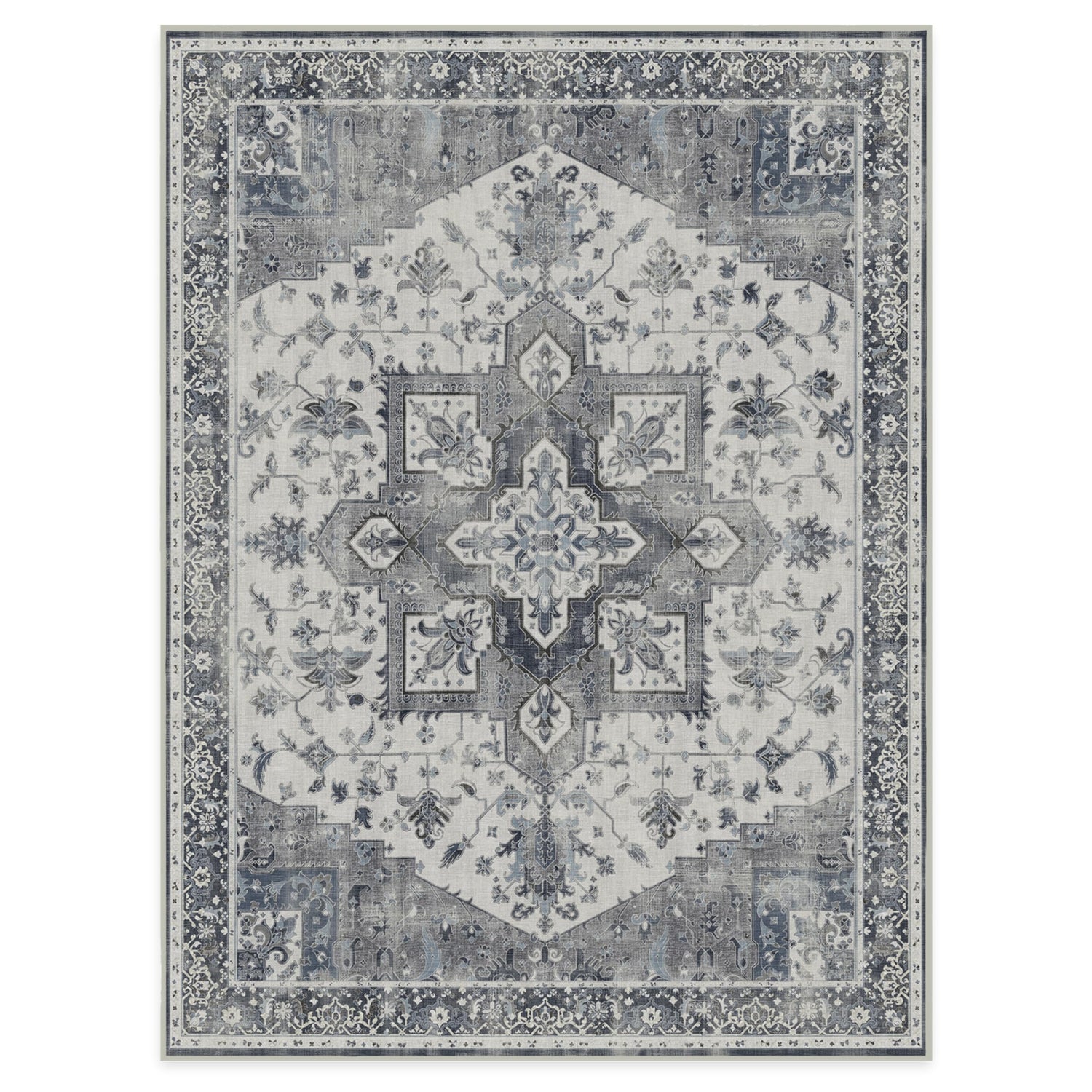 RUGGABLE Kira Runner Rug - Perfect Vintage Washable Rug for Entryway Hallway Kitchen - Pet &amp; Child Friendly - Stain &amp; Water Resistant - Stone Blue 2.5&