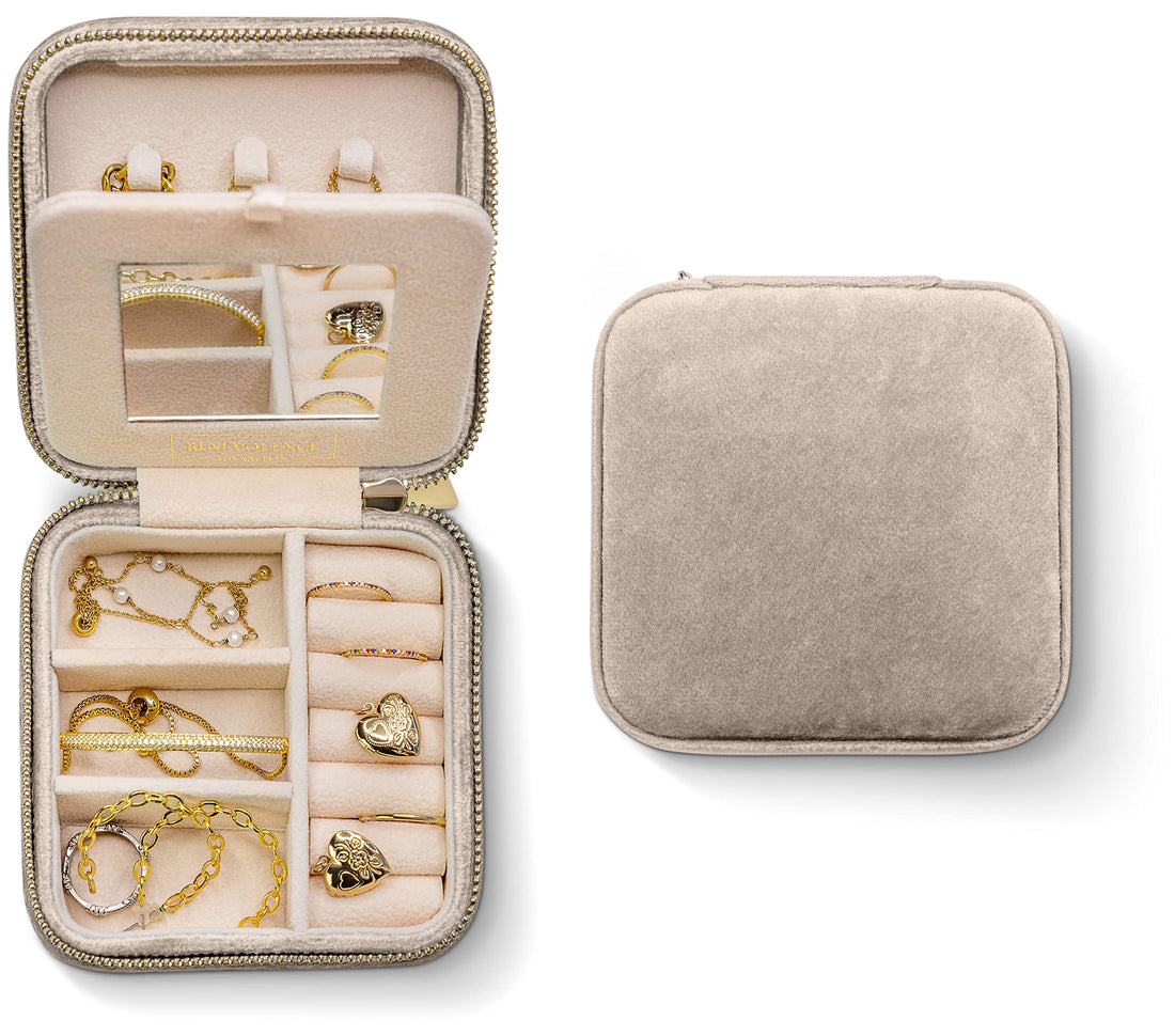 Benevolence LA Plush Velvet Travel Jewelry Storage Box | Travel Jewelry Case Small Jewelry Box for Women | Jewelry Travel Organizer | Earring Organizer with Mirror - Dusty Pink