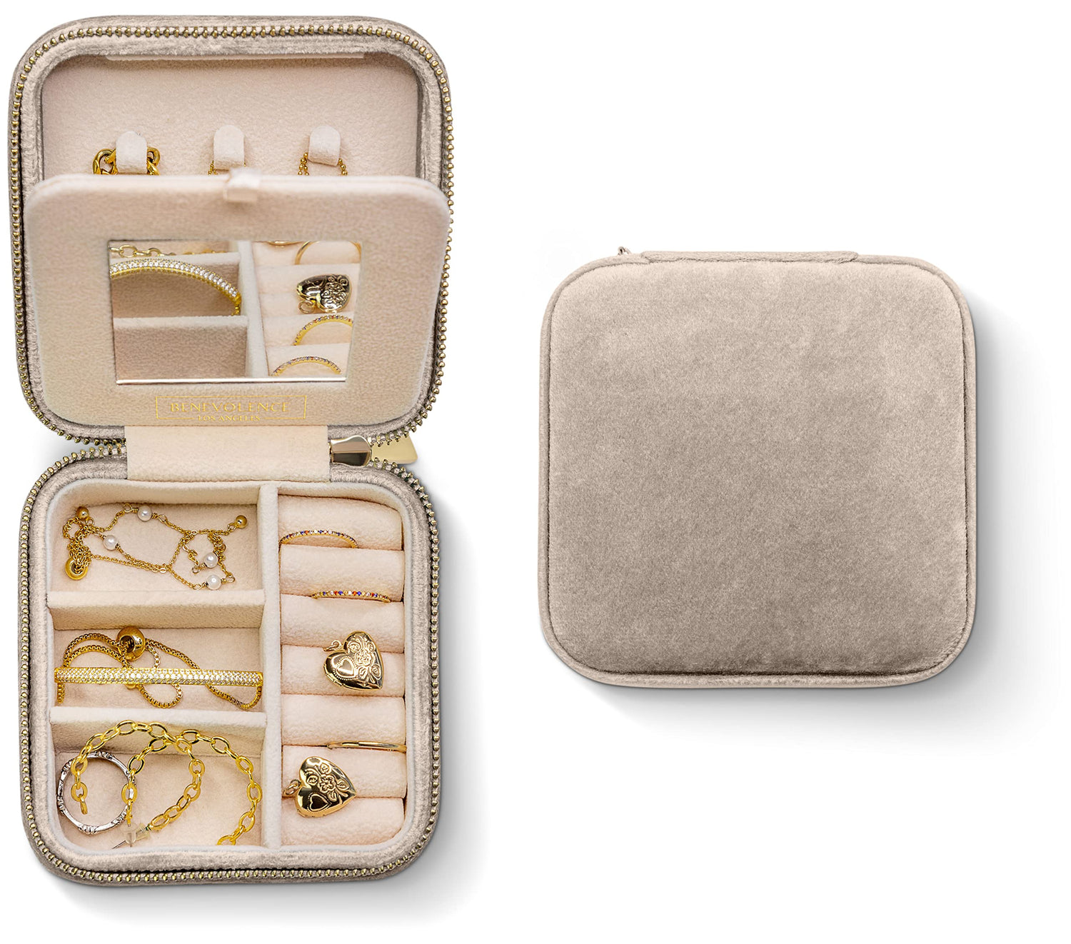 Benevolence LA Plush Velvet Travel Jewelry Storage Box | Travel Jewelry Case Small Jewelry Box for Women | Jewelry Travel Organizer | Earring Organizer with Mirror - Dusty Pink