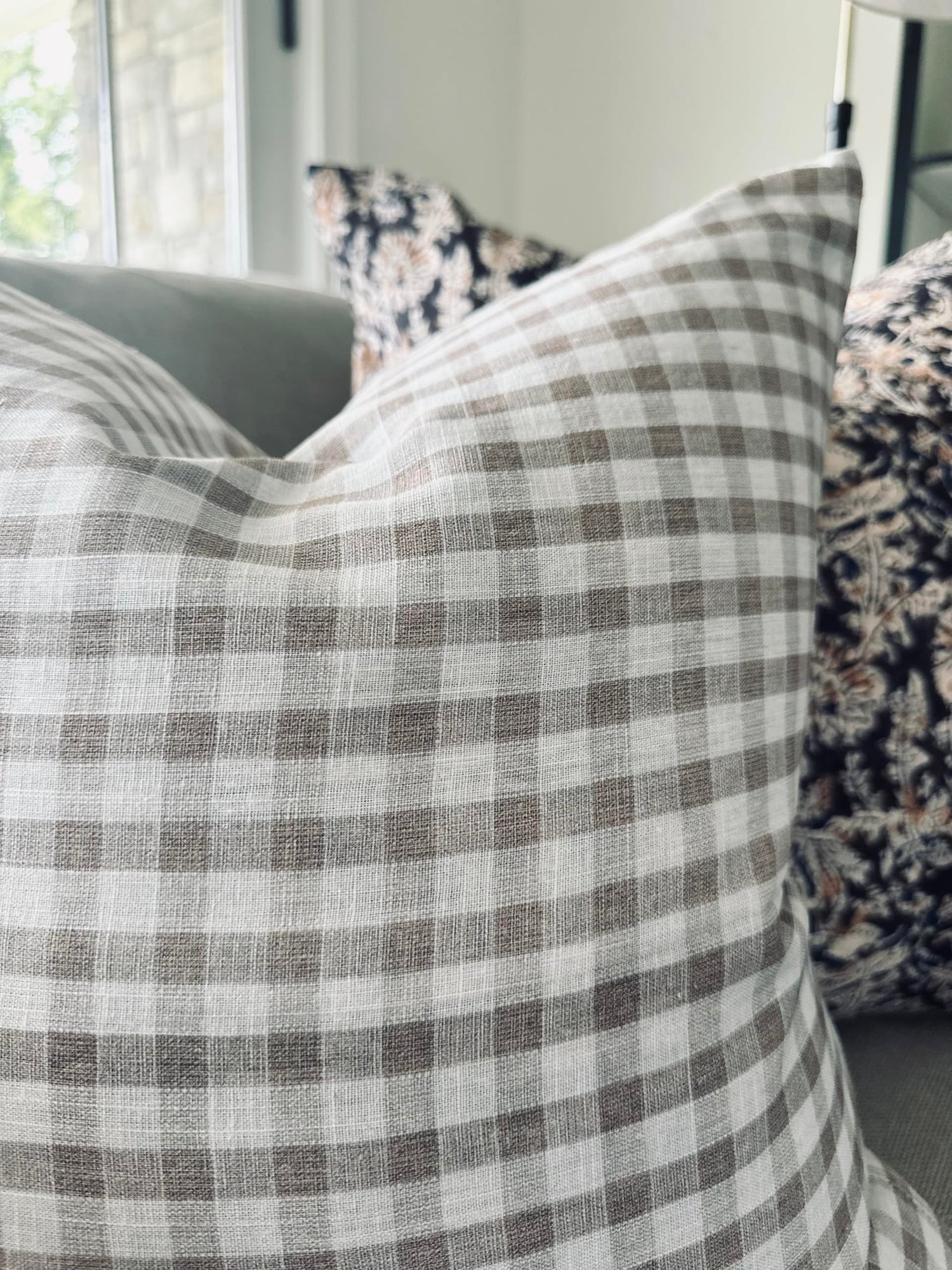 Pillow Cover 100% Linen 20 x 20 inches Double Sided Block Print with Zipper for Easy Removal Home Decor Shabby Chic Farmhouse Neutral Decorative Sofa Couch Accent (Plaid White Grey)
