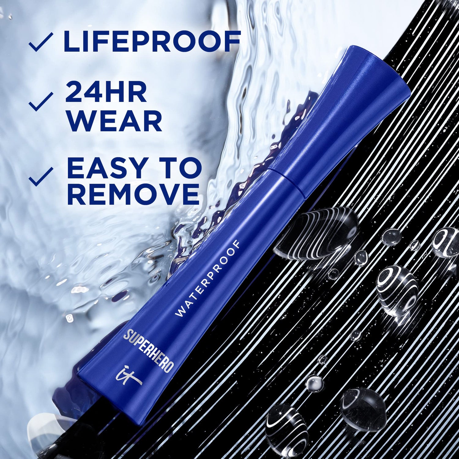 IT Cosmetics Superhero Volumizing Waterproof Mascara – 24HR Wear – Resists Sweat &amp; Humidity – Lash-loving Biotin, Peptides &amp; Pro-Vitamin B5 – Super Black, 0.3 fl oz