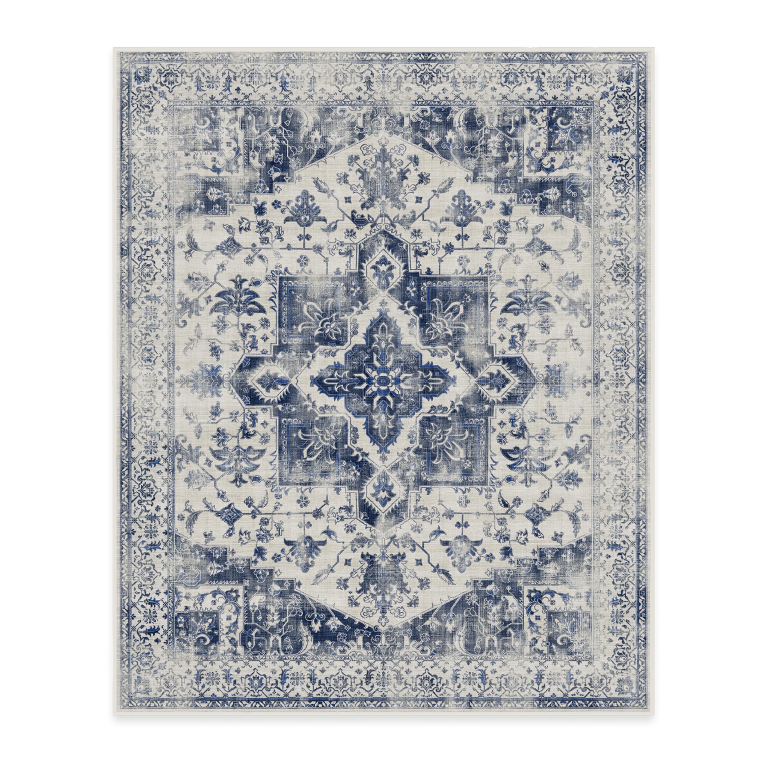 RUGGABLE Kira Runner Rug - Perfect Vintage Washable Rug for Entryway Hallway Kitchen - Pet &amp; Child Friendly - Stain &amp; Water Resistant - Stone Blue 2.5&