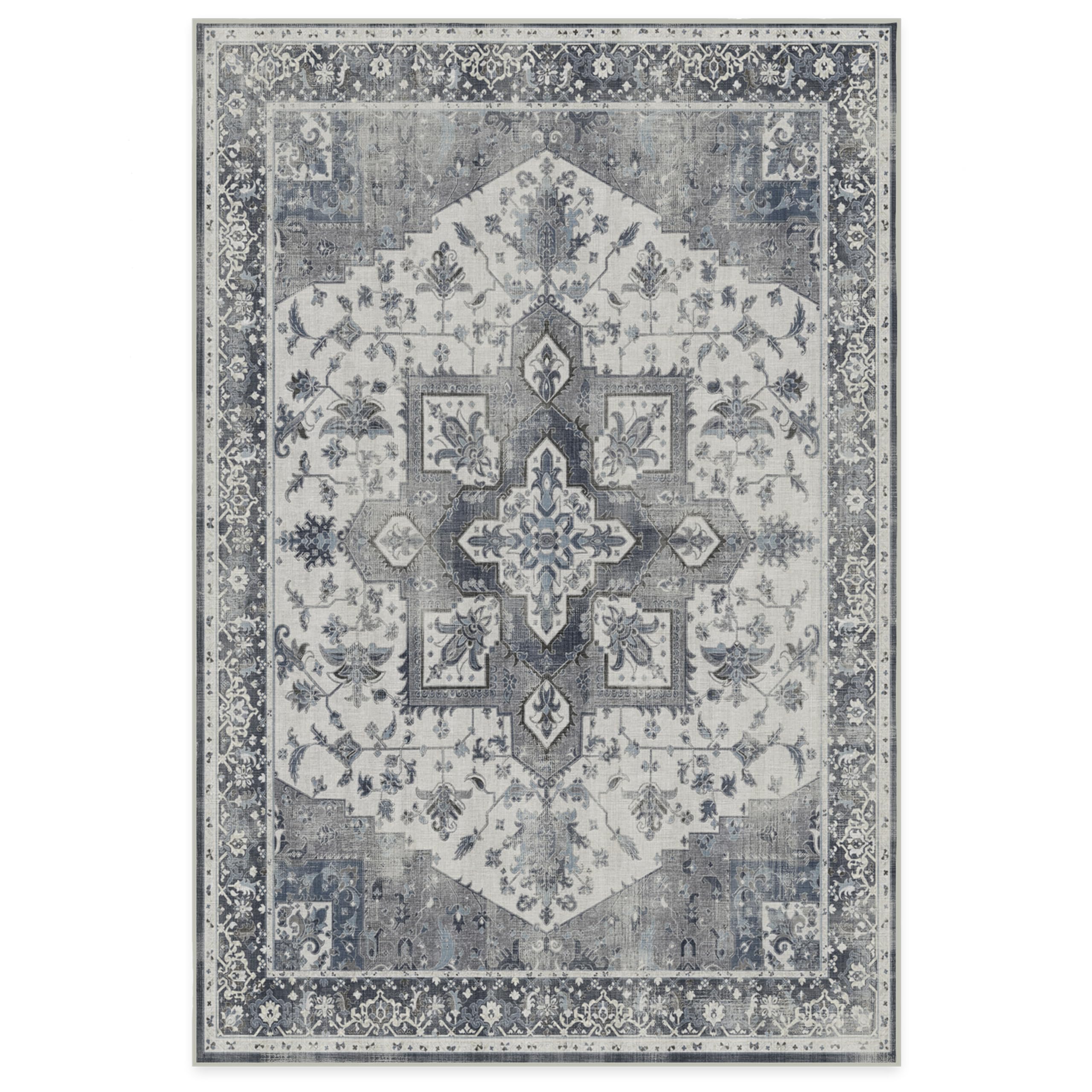 RUGGABLE Kira Runner Rug - Perfect Vintage Washable Rug for Entryway Hallway Kitchen - Pet &amp; Child Friendly - Stain &amp; Water Resistant - Stone Blue 2.5&