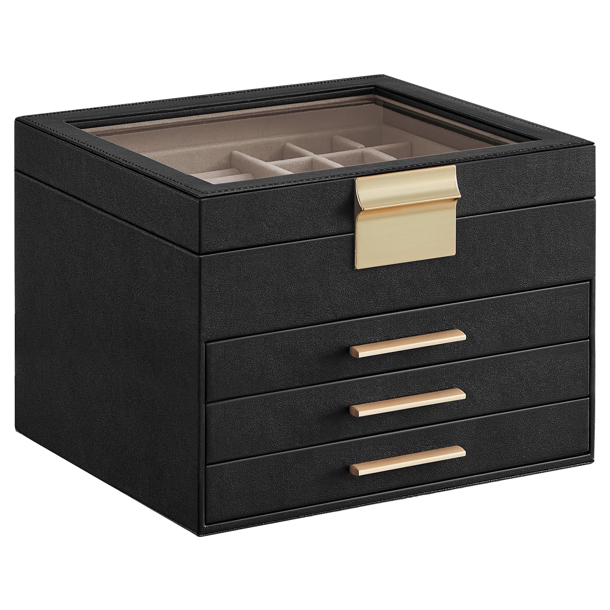 SONGMICS Jewelry Box with Glass Lid, 3-Layer Jewelry Organizer, 2 Drawers, for Big and Small Jewelry, Jewelry Storage, Modern Style, 8 x 9.1 x 5.3 Inches, Cloud White and Gold Color UJBC239WT