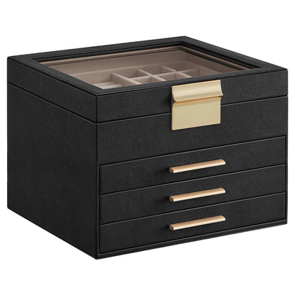 SONGMICS Jewelry Box with Glass Lid, 3-Layer Jewelry Organizer, 2 Drawers, for Big and Small Jewelry, Jewelry Storage, Modern Style, 8 x 9.1 x 5.3 Inches, Cloud White and Gold Color UJBC239WT