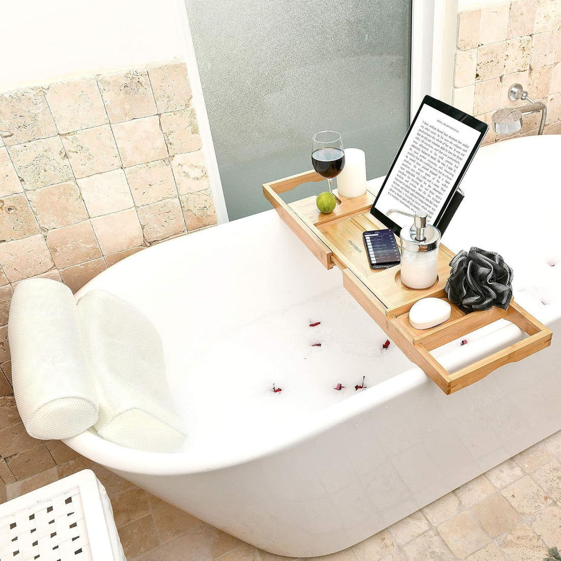 Bathtub Tray and Luxury Bath Pillow Set - Expandable Bath Tray for Tub and Deluxe Bathtub Pillow for Tub for Ultimate Relaxation - Perfect Bath Accessories for Women, Spa Gifts for Women.
