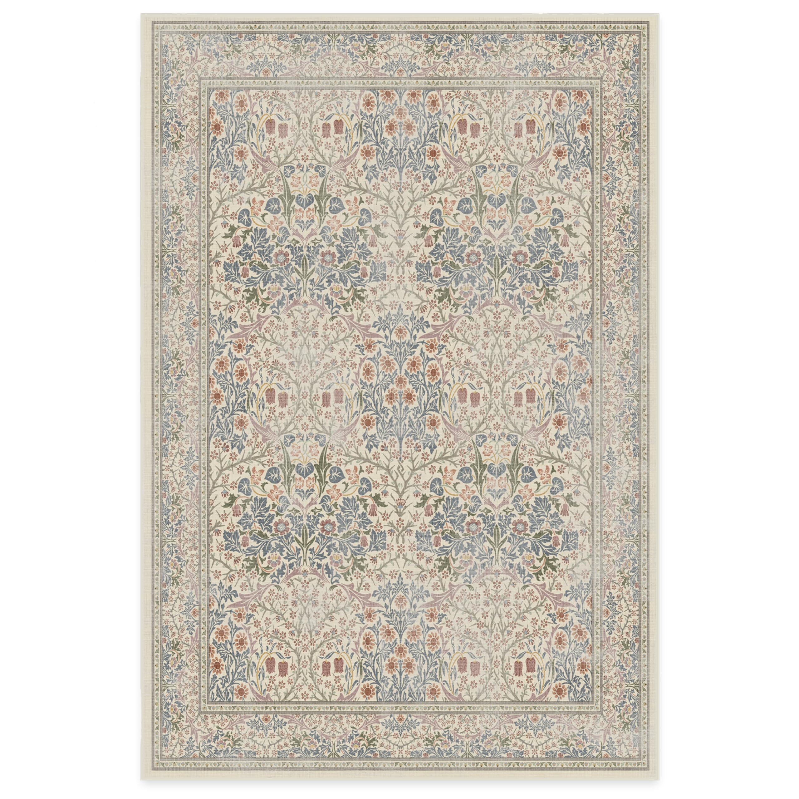 RUGGABLE x Morris &amp; Co Washable Rug - Perfect Bohemian Area Rug for Living Room Bedroom Kitchen - Non-Slip, Child Friendly, Stain &amp; Water Resistant - Blackthorn Ivory Blue 6&