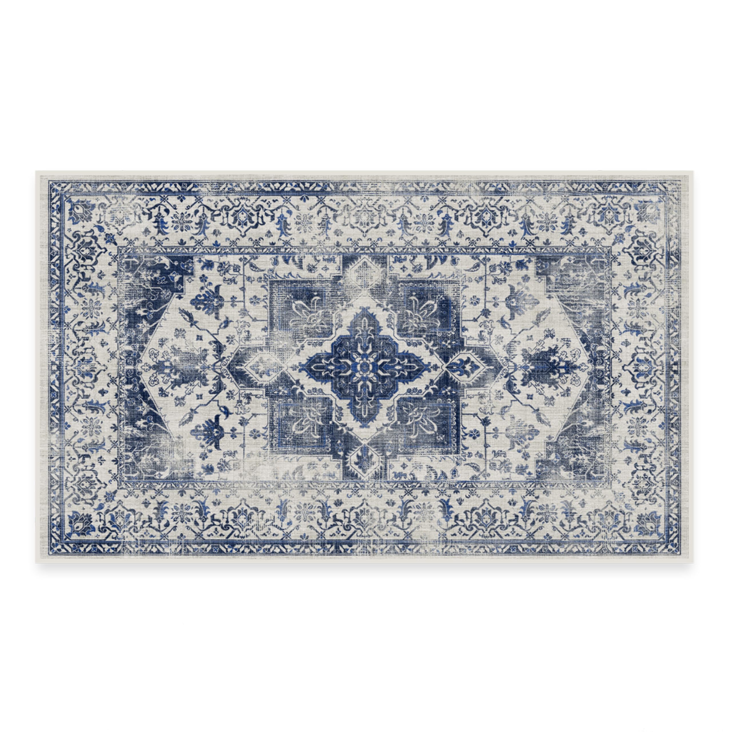 RUGGABLE Kira Runner Rug - Perfect Vintage Washable Rug for Entryway Hallway Kitchen - Pet &amp; Child Friendly - Stain &amp; Water Resistant - Stone Blue 2.5&