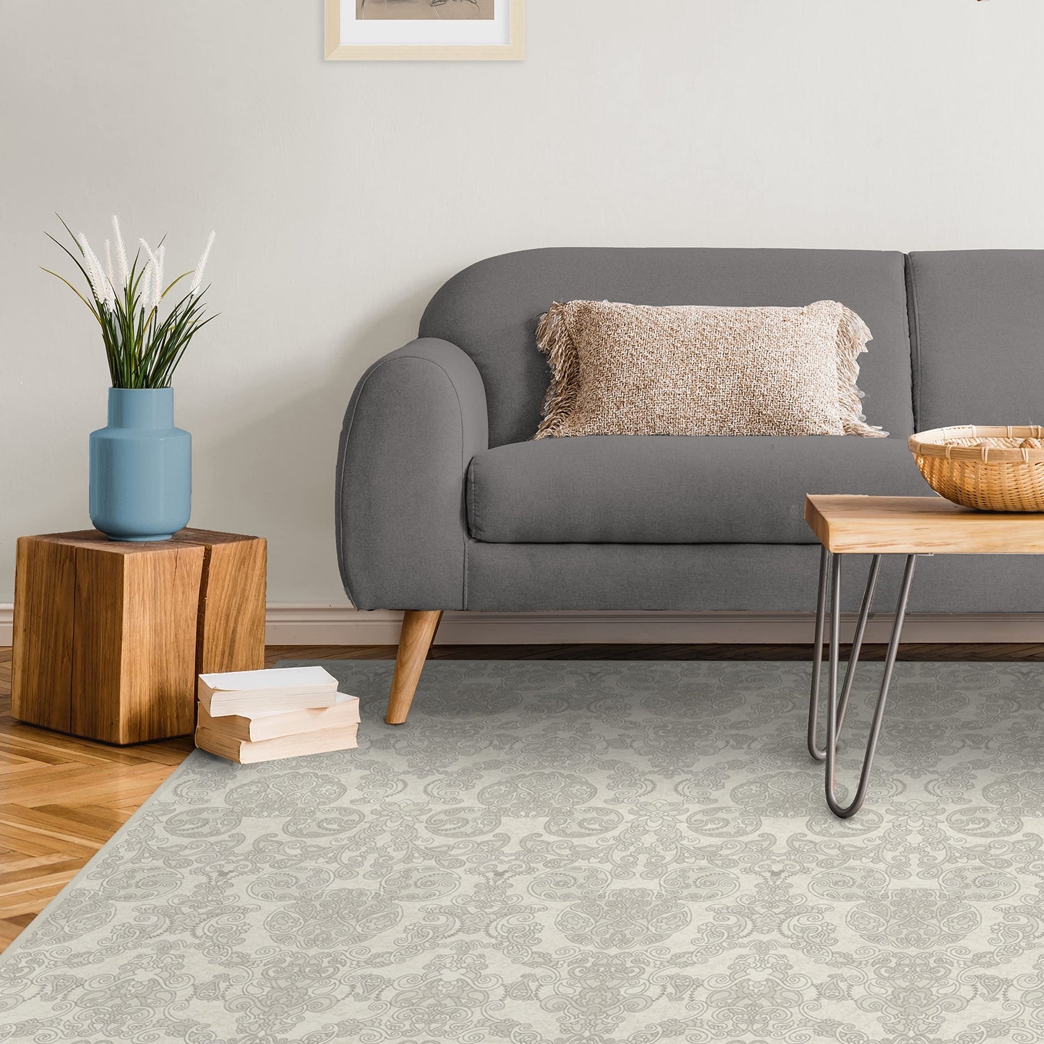 RUGGABLE Disney Traditional Mickey Mouse Washable Rug - Perfect Area Rug for Nursery Playroom Kids Room - Pet &amp; Child Friendly - Stain &amp; Water Resistant - Damask Grey 3&