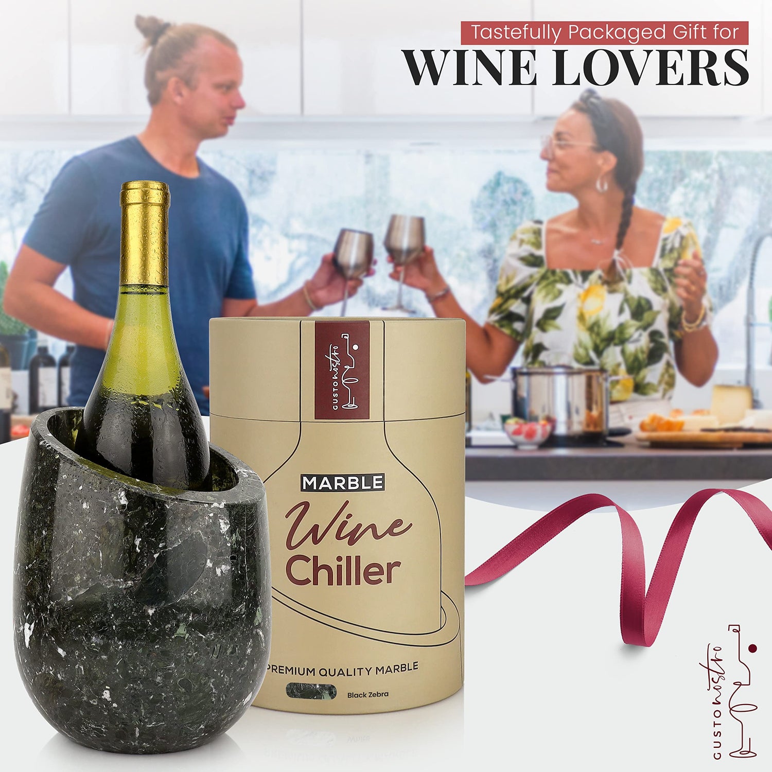 Gusto Nostro Marble Wine Chiller Bucket - 750ml Wine Bottle Cooler and Champagne Chiller for Party, Kitchen, Bar Cart Decor to Chill &amp; Keep Bottles Cold with Unique Wine Lovers Gift Box (White)