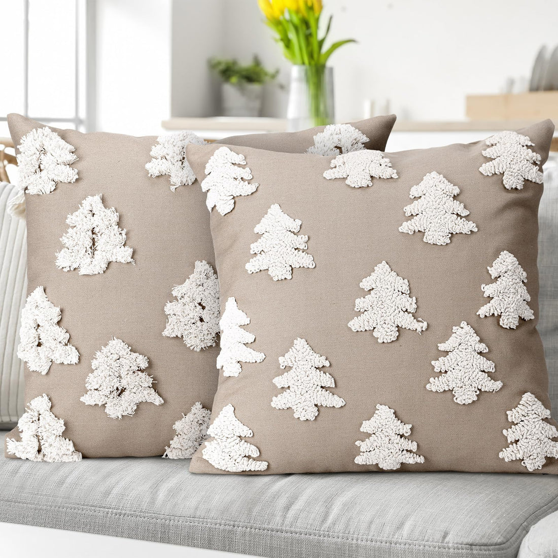 Mixweer 2 Pcs Christmas Pillow Covers 18x18 Inch Christmas Tree Pillow Covers Neutral Christmas Decor Neutral Tufted Xmas Tree Embroidery Decorative Pillow Covers for Home Living Room Bed Decor