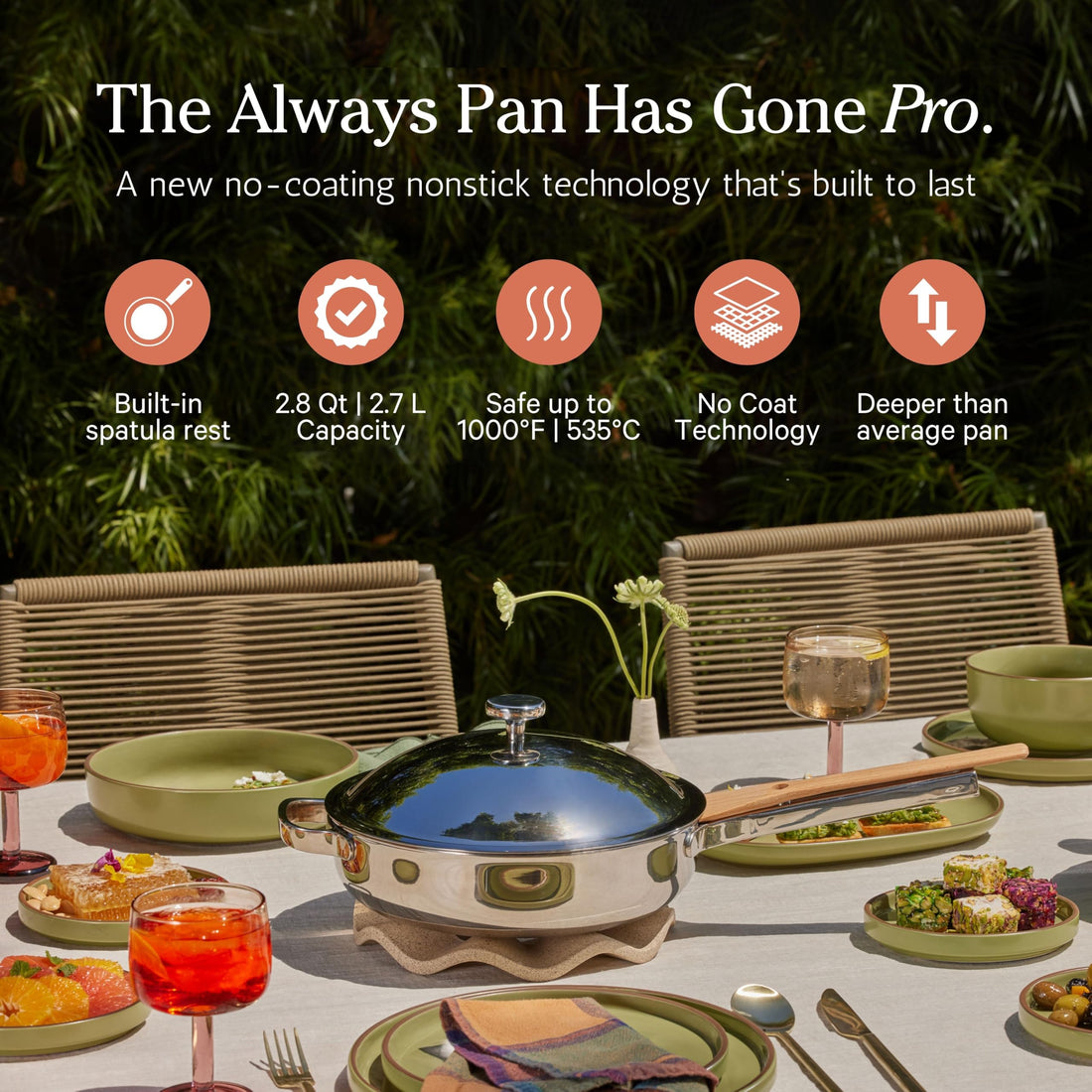 Our Place Titanium Always Pan Pro - No-Coating Nonstick Technology | Tri-Ply Construction with Titanium &amp; Stainless Steel | Heat Safe up to 1000°F | Includes Steam-Release Lid &amp; Spatula | Chrome