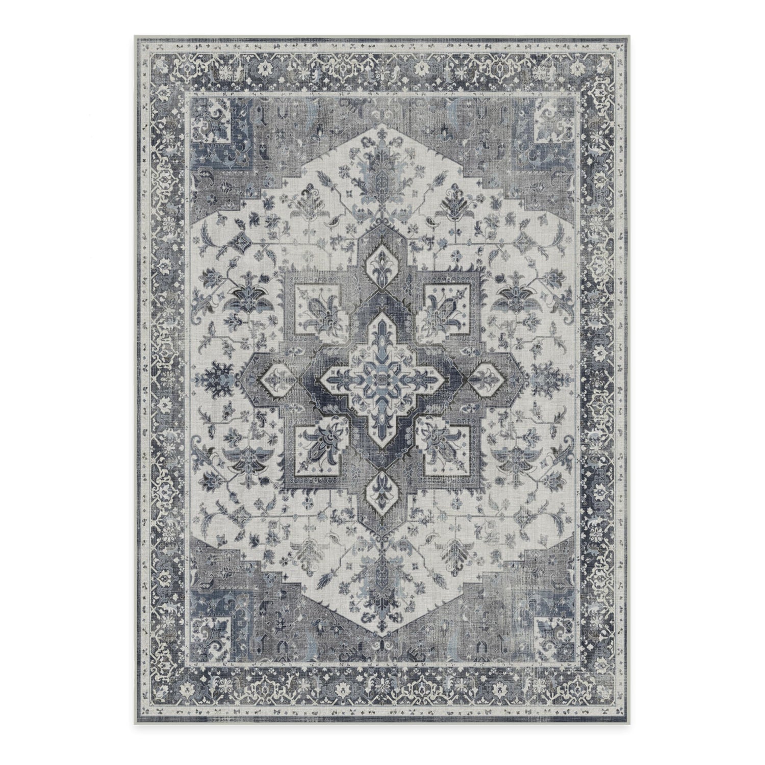 RUGGABLE Kira Runner Rug - Perfect Vintage Washable Rug for Entryway Hallway Kitchen - Pet &amp; Child Friendly - Stain &amp; Water Resistant - Stone Blue 2.5&