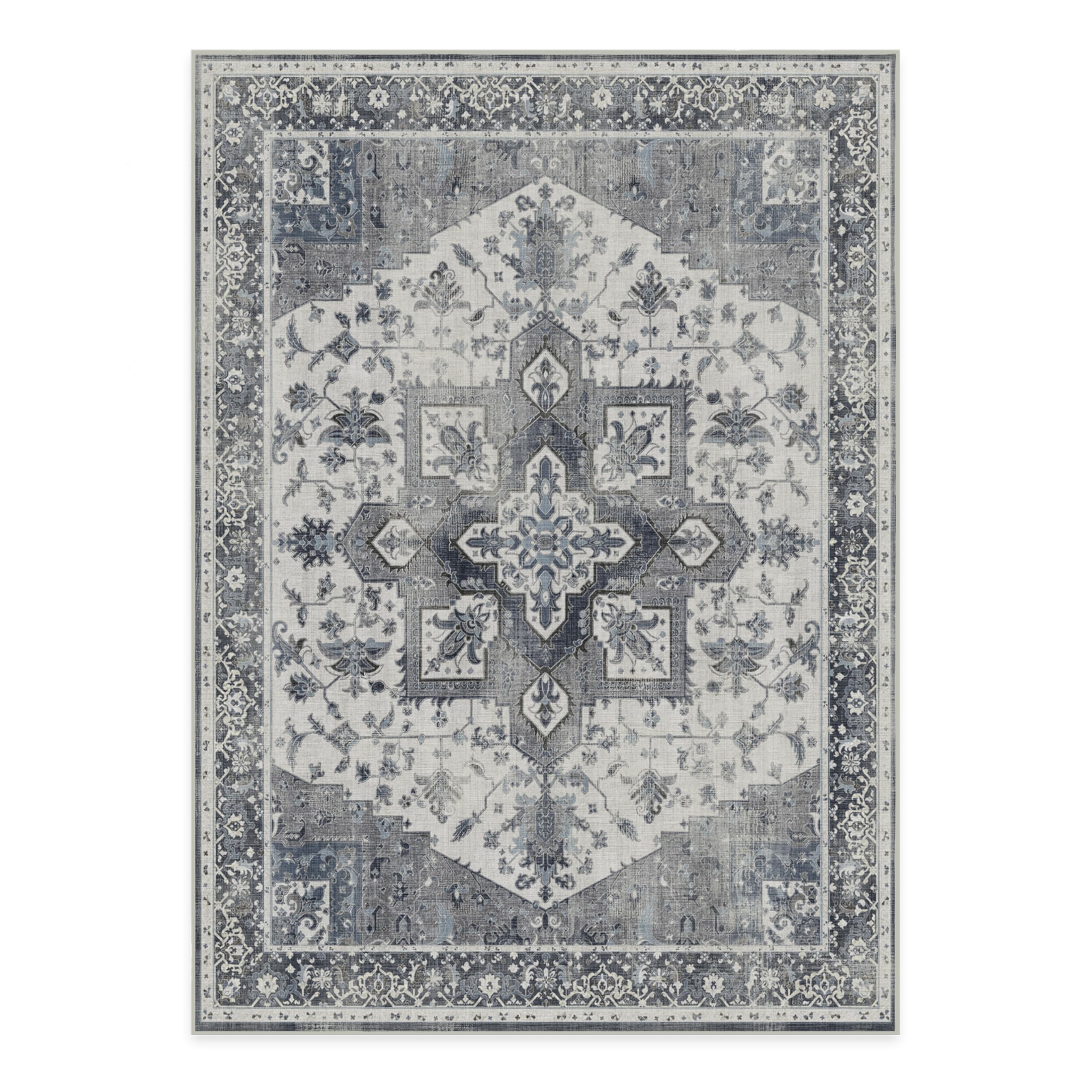 RUGGABLE Kira Runner Rug - Perfect Vintage Washable Rug for Entryway Hallway Kitchen - Pet &amp; Child Friendly - Stain &amp; Water Resistant - Stone Blue 2.5&
