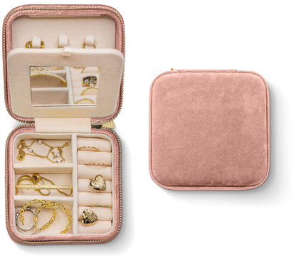 Benevolence LA Plush Velvet Travel Jewelry Storage Box | Travel Jewelry Case Small Jewelry Box for Women | Jewelry Travel Organizer | Earring Organizer with Mirror - Dusty Pink
