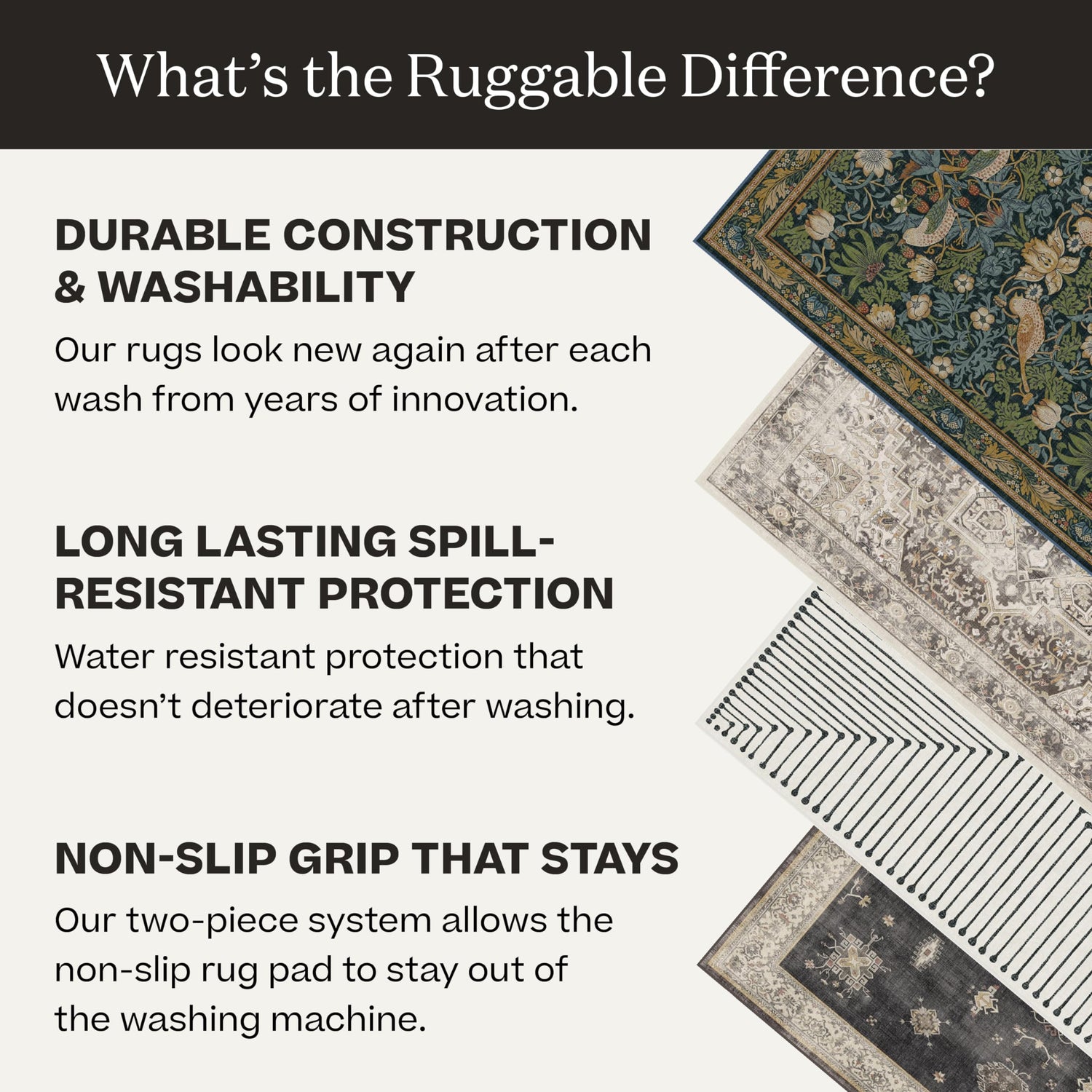 RUGGABLE Zinnia Runner Rug - Perfect Boho Washable Rug for Entryway Hallway Kitchen - Pet &amp; Child Friendly - Stain &amp; Water Resistant - Grey 2.5&