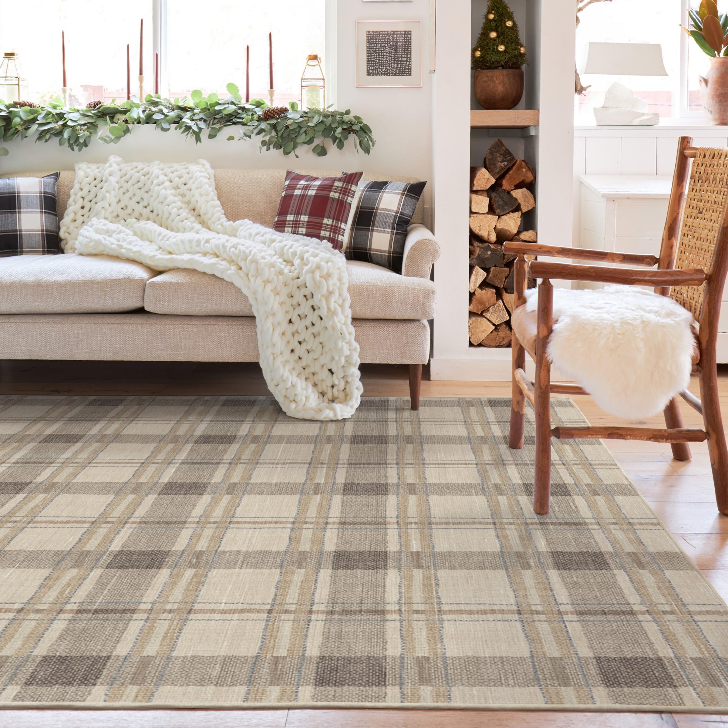 RUGGABLE Winter Plaid Washable Rug - Perfect Holiday Area Rug for Living Room Bedroom Kitchen - Pet &amp; Child Friendly - Stain &amp; Water Resistant - Dress Stewart Tartan Plaid 3&