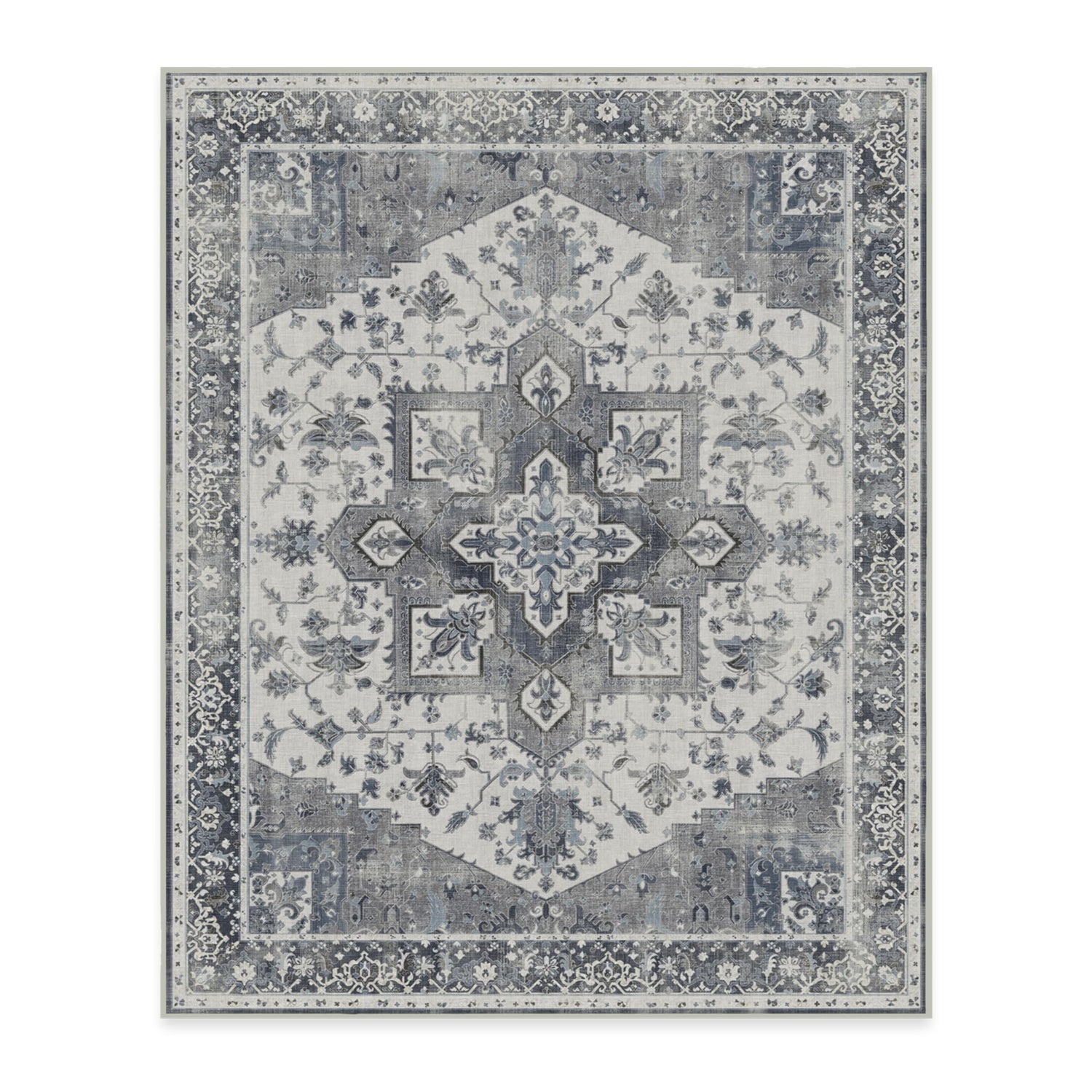 RUGGABLE Kira Runner Rug - Perfect Vintage Washable Rug for Entryway Hallway Kitchen - Pet &amp; Child Friendly - Stain &amp; Water Resistant - Stone Blue 2.5&