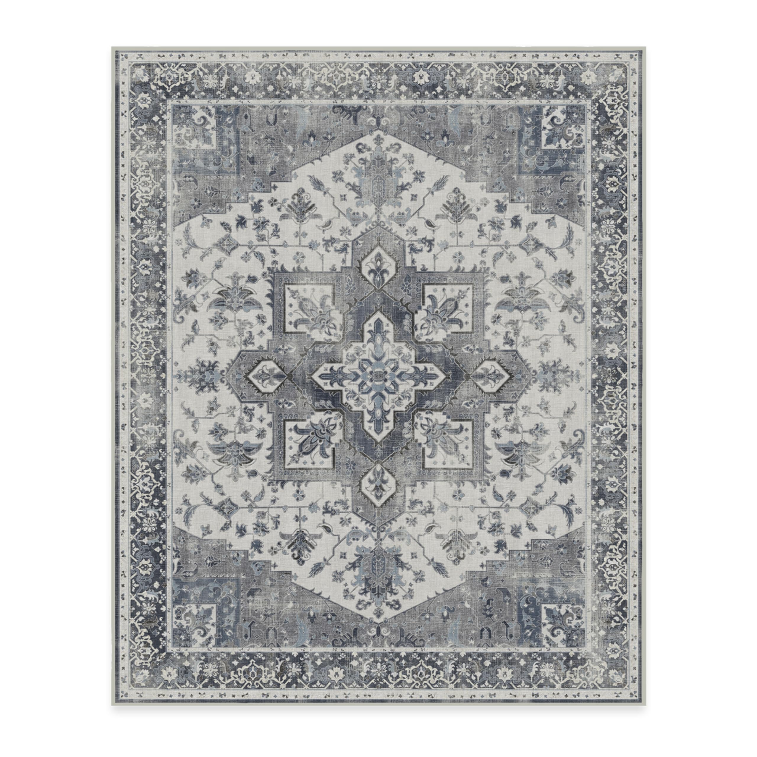 RUGGABLE Kira Runner Rug - Perfect Vintage Washable Rug for Entryway Hallway Kitchen - Pet &amp; Child Friendly - Stain &amp; Water Resistant - Stone Blue 2.5&