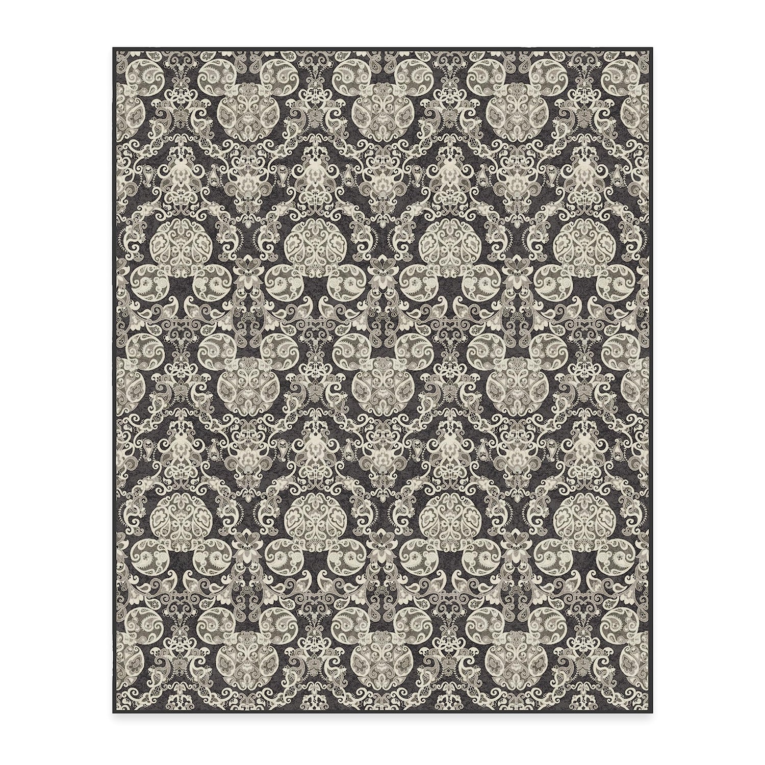 RUGGABLE Disney Traditional Mickey Mouse Washable Rug - Perfect Area Rug for Nursery Playroom Kids Room - Pet &amp; Child Friendly - Stain &amp; Water Resistant - Damask Grey 3&