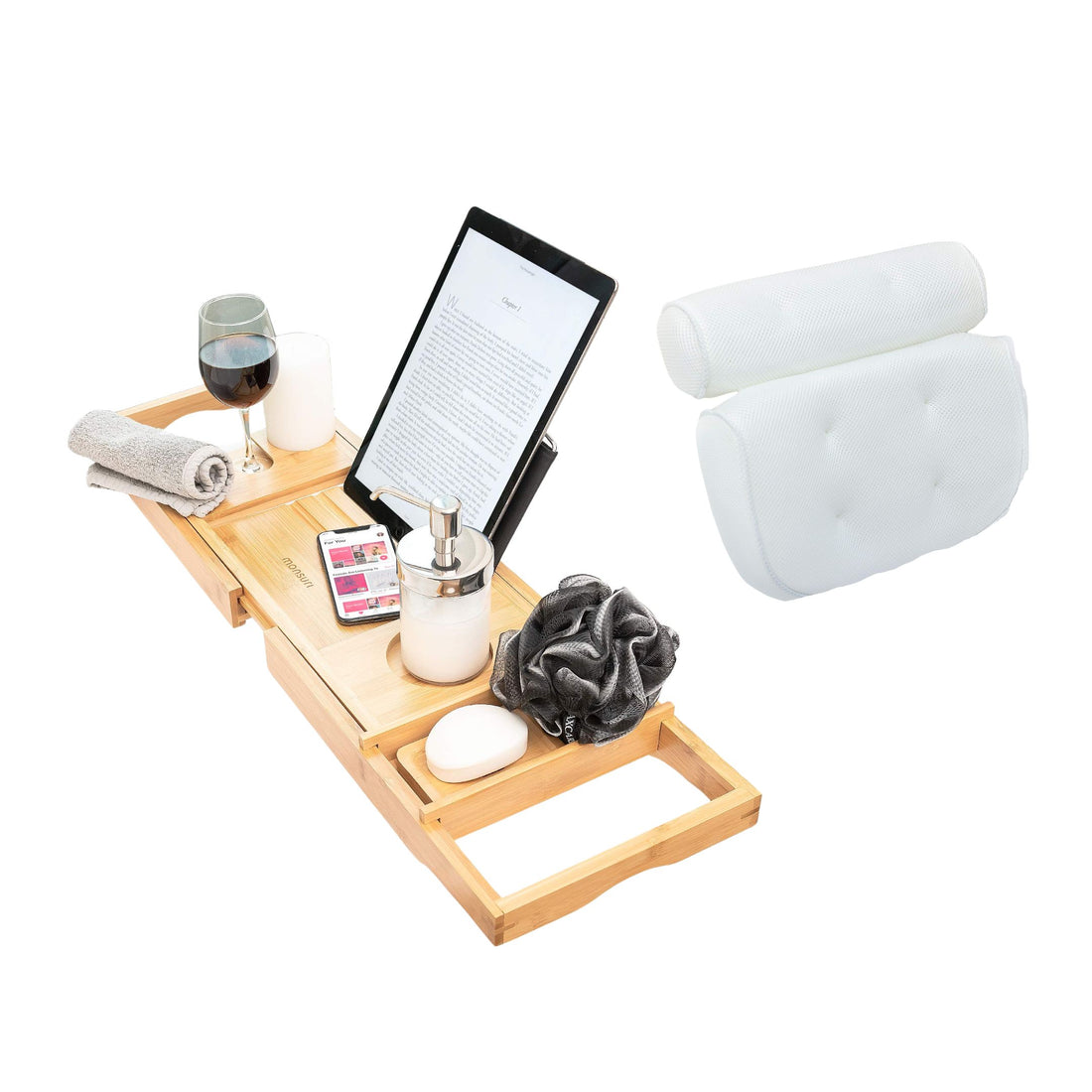 Bathtub Tray and Luxury Bath Pillow Set - Expandable Bath Tray for Tub and Deluxe Bathtub Pillow for Tub for Ultimate Relaxation - Perfect Bath Accessories for Women, Spa Gifts for Women.