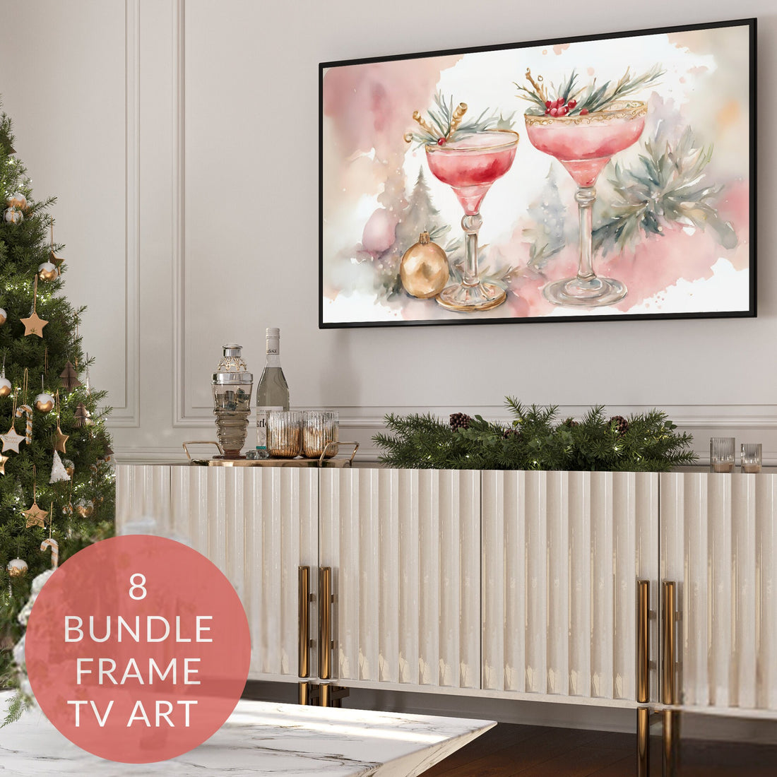 Christmas Chic Cocktail Watercolor Art Collection | Vintage-Inspired Antique Frame TV Digital Print | Victorian Champagne