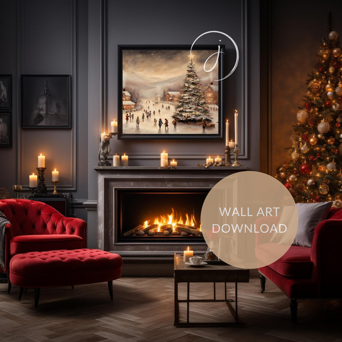 Christmas Holiday Vintage Wall Art | Winter Wonderland Decor | Christmas Tree Painting | Digital Art Download | Holiday Decor | Watercolor