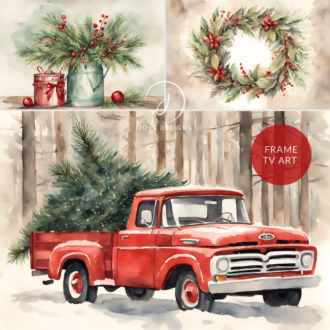 Farmhouse Christmas Holiday Watercolor Frame TV Art, Red Green Collection Mistletoe Wreath, Rustic Barn Ranch Scene, Poinsettias