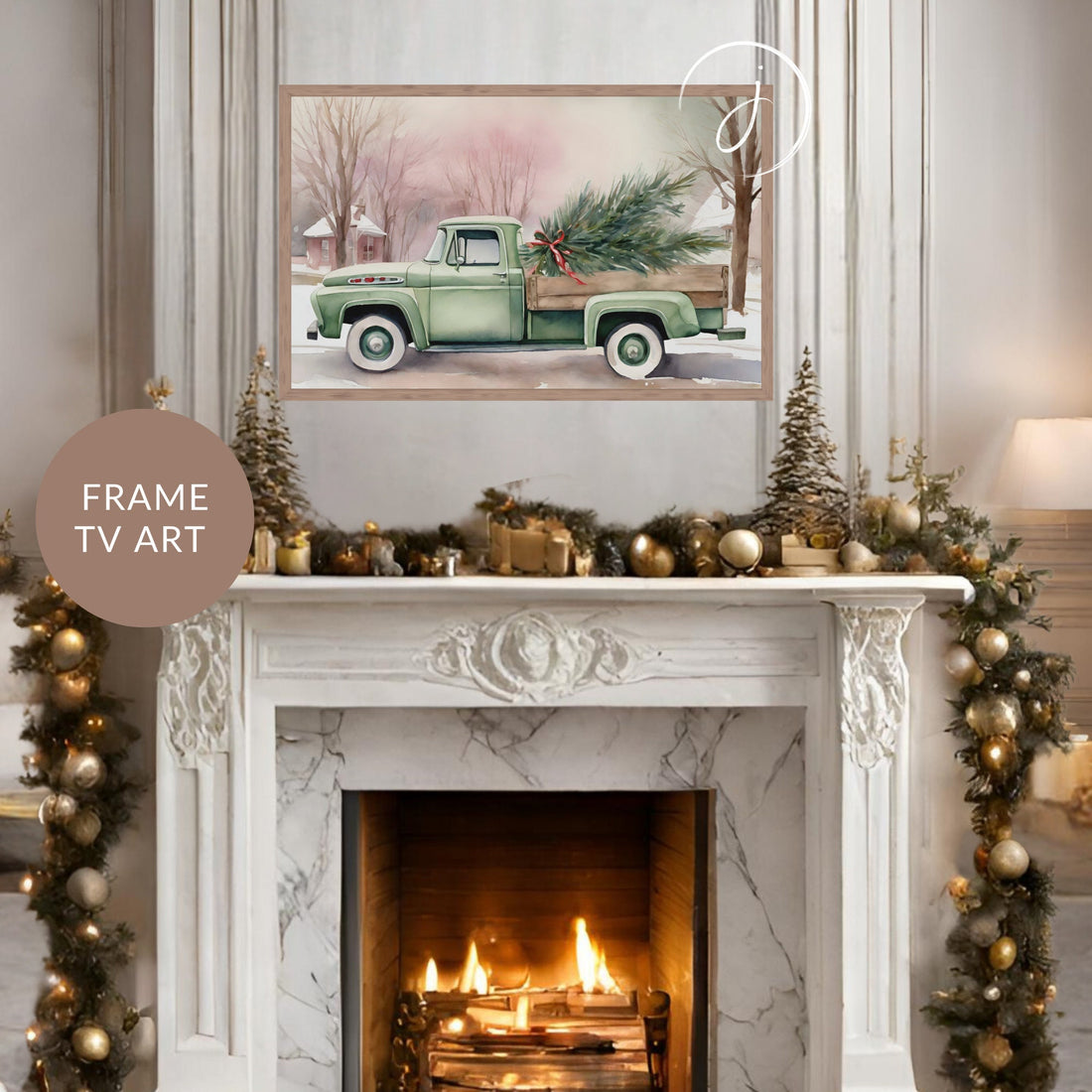 Minty Merry Ride Truck Christmas Tree Watercolor Art | Festive Holiday Winter Digital Frame TV Nostalgic Holidays Unique Pink Green Wash