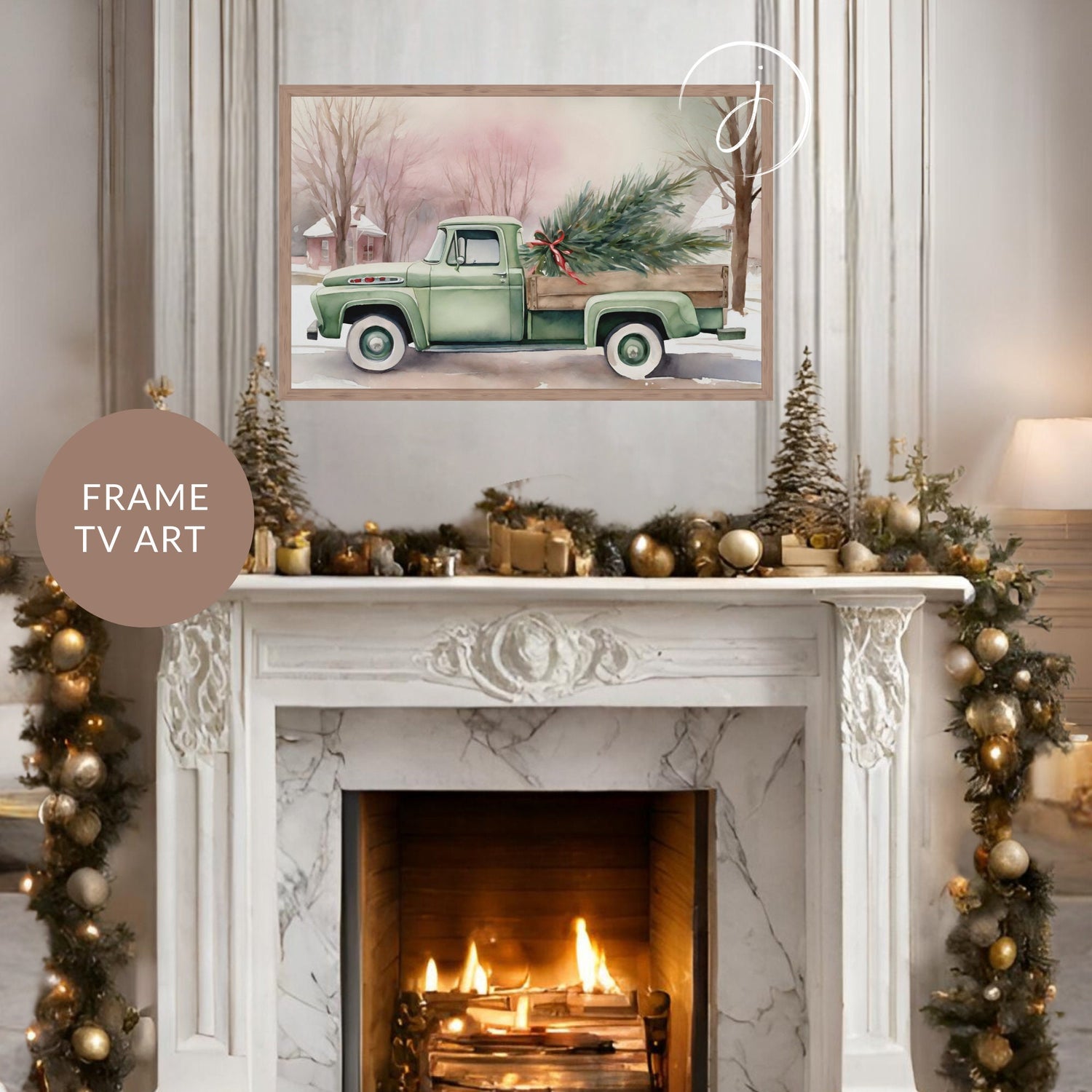 Minty Merry Ride Truck Christmas Tree Watercolor Art | Festive Holiday Winter Digital Frame TV Nostalgic Holidays Unique Pink Green Wash
