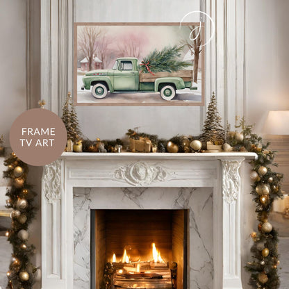 Minty Merry Ride Truck Christmas Tree Watercolor Art | Festive Holiday Winter Digital Frame TV Nostalgic Holidays Unique Pink Green Wash
