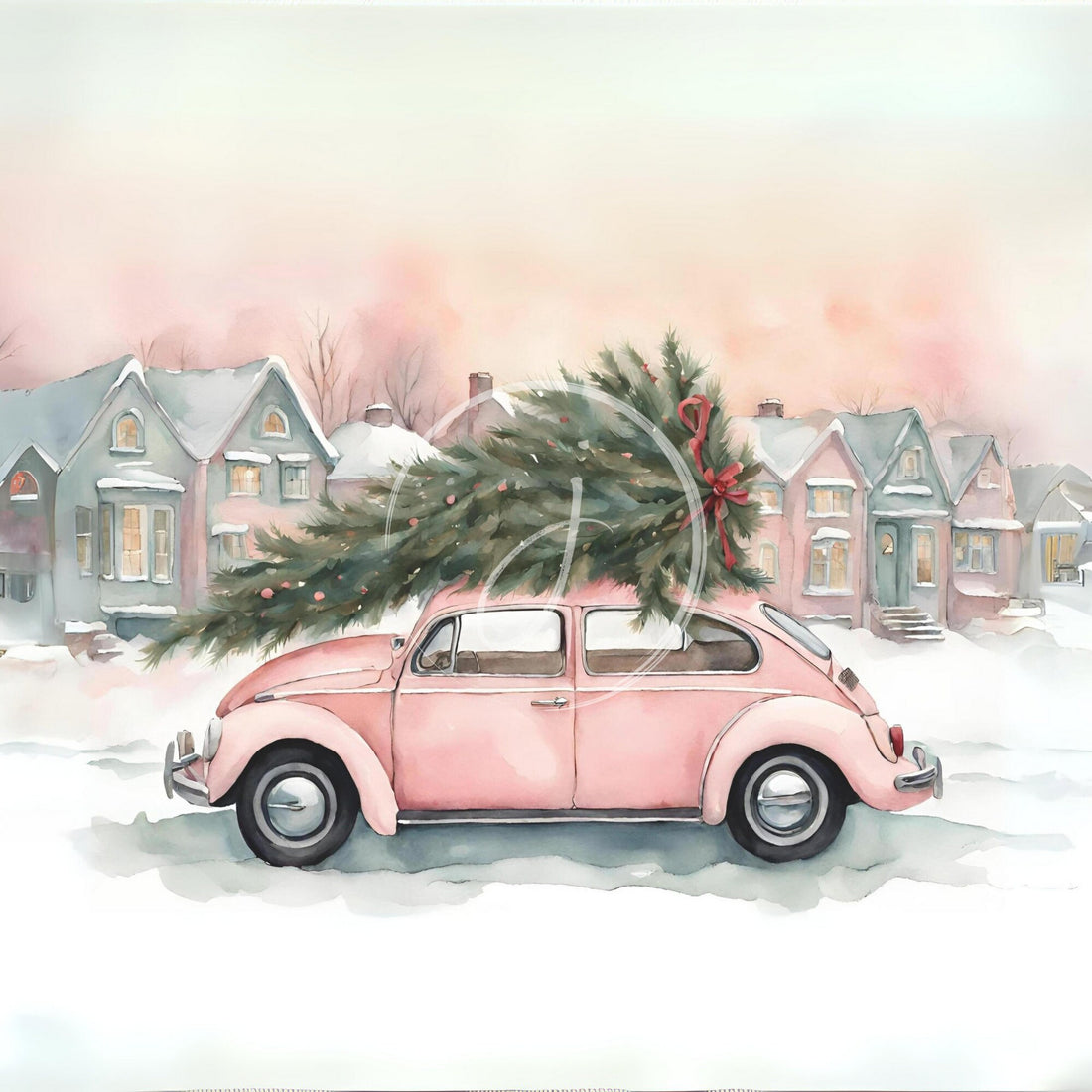 Vintage Buggy Carrying Christmas Tree, Pink Watercolor Decor, Girly Barbie Nostalgic Chic, Unique Festive Home